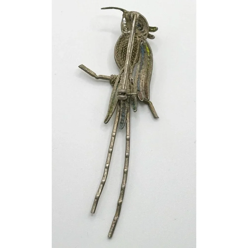 Enameled 800 Silver‎ Filigree Bird Parrot Pin Brooch